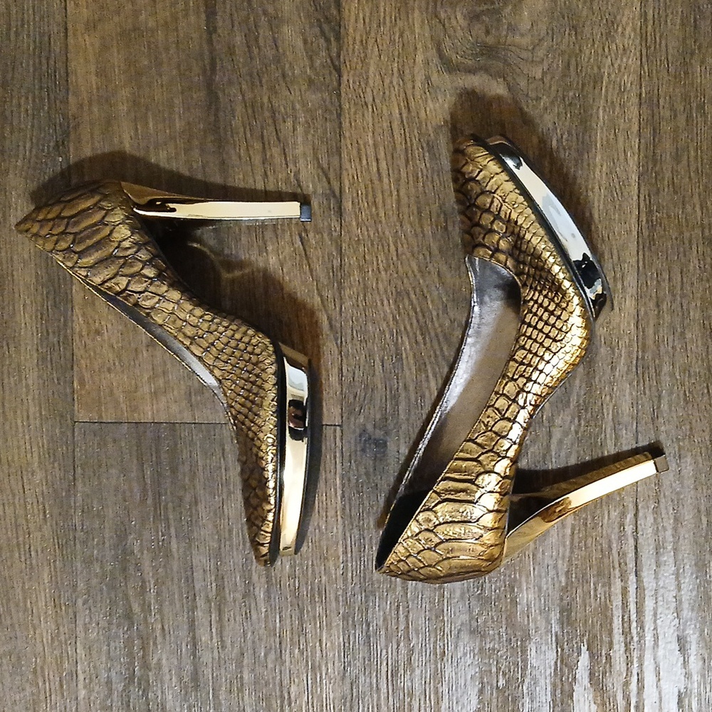 Gold Snake-Embossed High Heel Pumps